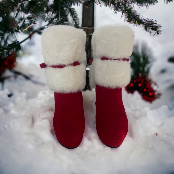 Red Women's Winter Fur Ankle Boots Fur Chunky High Heel Santa Booties 10.5 - Picture 8 of 14